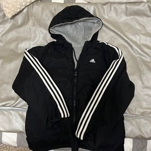 Reversible Adidas jacket. Grey one side, black and white the other